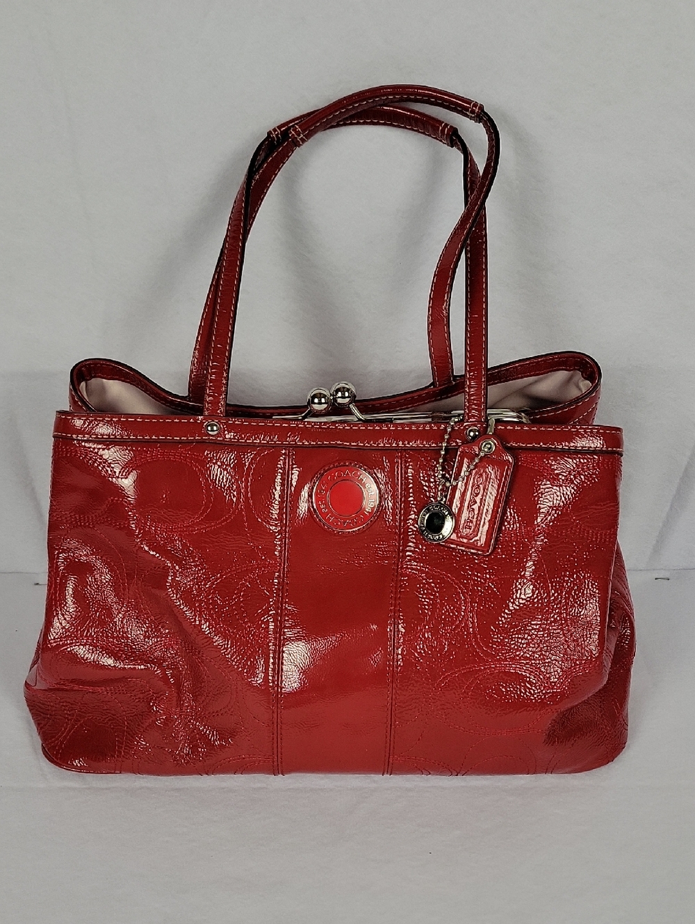 Coach Signature Framed Carryall H1276-F19215 Red Leather Tote W/ Logo Charm Read